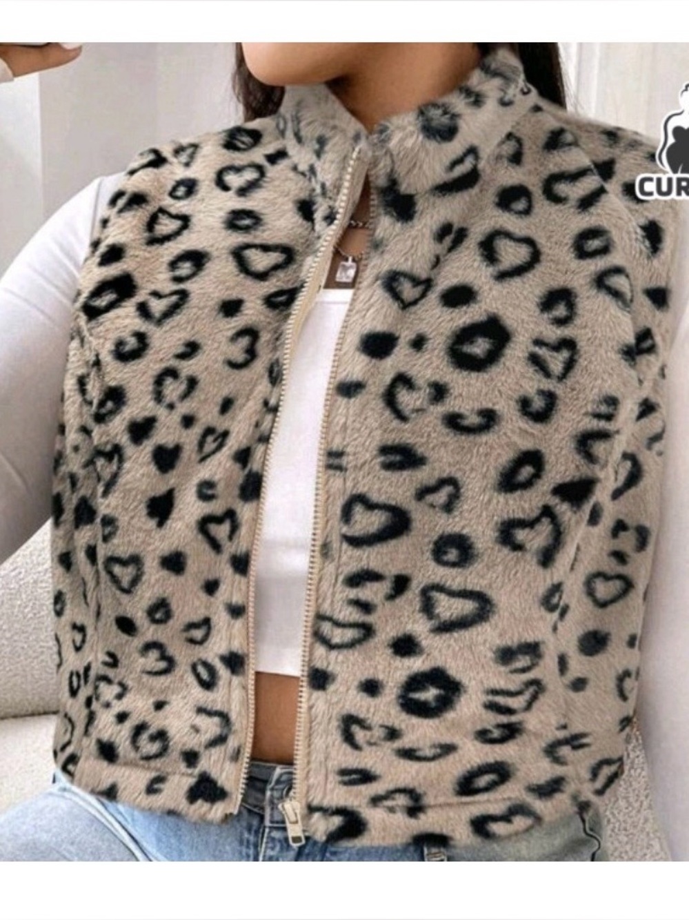 Ladies Taupe Faux Fur Leopard Heart Print Zip Vest